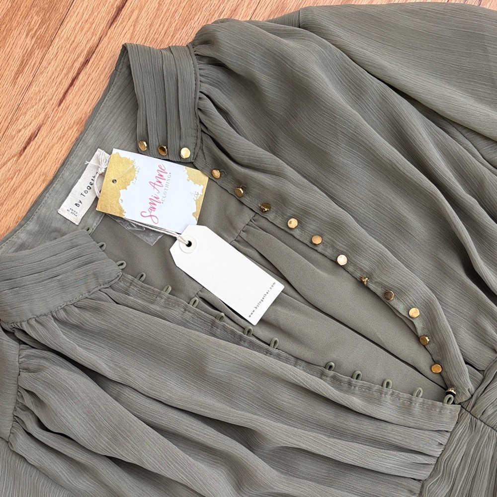 By Together $110 clothing button down fiddle dress ruffles olive green Medium M - Picture 5 of 17